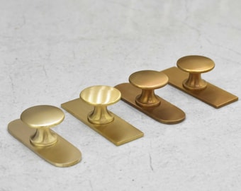 Brass Knobs + Backplate / Solid Brass Unlacquered Hardware Vintage Knobs and Pulls Antique Brass Handle Unique Knobs