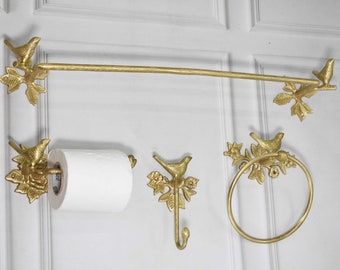 Set of Brass Brushed Bird Roll Holder + Towel Ring + Hook+Towel Rack/ Made of Solid Brass & Handcrafted/Luxury Bath Fittings !Limited Stock