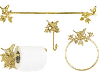 Brass Polished Bird Roll Holder + Towel Ring + Hook/ Made of Solid Brass & Handcrafted (shiny brass)/Durable for atleast 5 years!!