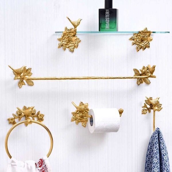 Set of Brass Bird Roll Holder + Towel Ring + Hook/ Made of Solid Polished Golden Brass & Handcrafted/Durable for atleast 5 years!!