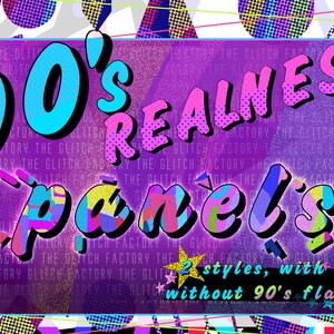 Puede incluir: Un dise&ntilde;o gr&aacute;fico colorido con el texto "90's REALNESS panels" en una fuente en negrita y estilizada. El dise&ntilde;o presenta un fondo morado con un patr&oacute;n pixelado y una variedad de formas geom&eacute;tricas en colores brillantes. El texto "2 estilos, con o sin el toque de los 90" tambi&eacute;n est&aacute; incluido en el dise&ntilde;o.