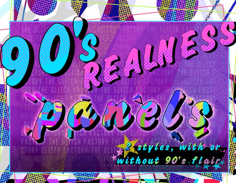 Puede incluir: Un dise&ntilde;o gr&aacute;fico colorido con el texto "90's REALNESS panels" en una fuente en negrita y estilizada. El dise&ntilde;o presenta un fondo morado con un patr&oacute;n pixelado y una variedad de formas geom&eacute;tricas en colores brillantes. El texto "2 estilos, con o sin el toque de los 90" tambi&eacute;n est&aacute; incluido en el dise&ntilde;o.