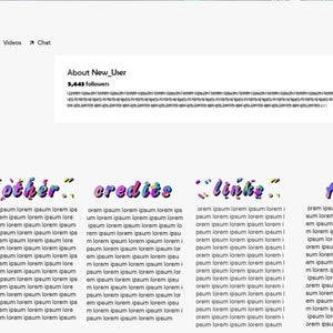 Puede incluir: Una captura de pantalla de un sitio web que muestra una p&aacute;gina de perfil de redes sociales con el texto "New User" y "About New_User". La p&aacute;gina tiene una barra de navegaci&oacute;n con las pesta&ntilde;as "Home", "About", "Schedule", "Videos" y "Chat". La p&aacute;gina tambi&eacute;n tiene una secci&oacute;n con el texto "other", "credits", "links" y "f.a.q.".