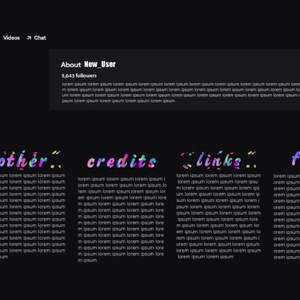 Puede incluir: Un sitio web oscuro con el texto "New User" y "About New User" en blanco. El sitio web tiene un fondo negro con texto y gr&aacute;ficos coloridos. El texto "other", "credits", "links" y "f.a.q." est&aacute; en una fuente colorida y estilizada.