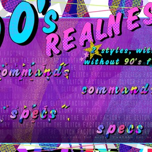 Puede incluir: Un fondo morado con un cuadro de texto rosa y blanco que dice "90's REALNESS 2 styles, with or without 90's flair". El cuadro de texto est&aacute; rodeado por un borde blanco. El fondo est&aacute; cubierto por un patr&oacute;n repetitivo de peque&ntilde;os cuadrados blancos y negros.