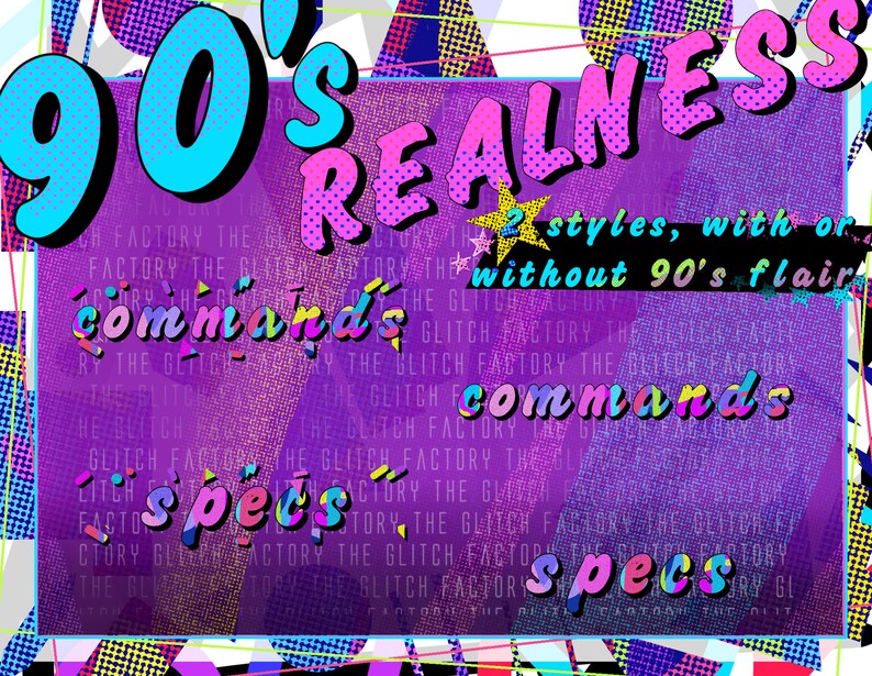 Puede incluir: Un fondo morado con un cuadro de texto rosa y blanco que dice "90's REALNESS 2 styles, with or without 90's flair". El cuadro de texto est&aacute; rodeado por un borde blanco. El fondo est&aacute; cubierto por un patr&oacute;n repetitivo de peque&ntilde;os cuadrados blancos y negros.