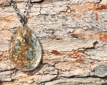 One Golden teardrop resin necklace pendant, handmade, special gift idea.