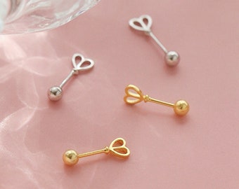 Sterling Silver Love Heart Scepter 3mm Barbell Bead Ball Screw Back Earrings 2 Tones / Rhodium / Gold