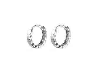 Sterling Silver Hexagon Bee Hive 8mm Hoop Huggie Hinged Earrings 2 Tones Rhodium 18K Gold