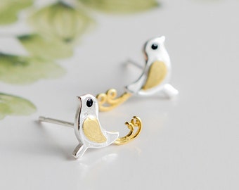 Gold on Sterling Silver Canary Birds with Grooved Wings Stud Earrings