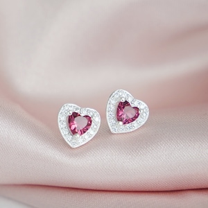 Sterling Silver Rose Red Ruby Cz Love Heart Halo Stud Earrings Jewellery