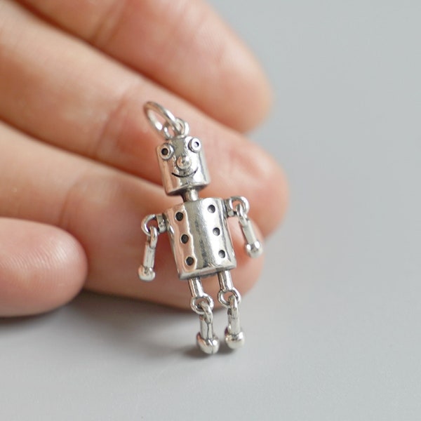 Sterling Silver Hollow Oxidized 3d Moving Cheerful Tin Man Robot Charm Pendant Necklace with Snake Chain Unisex