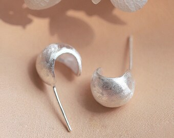 Sterling Silver Brushed Half Hoop Ball Circle Dome Drop Stud Earrings