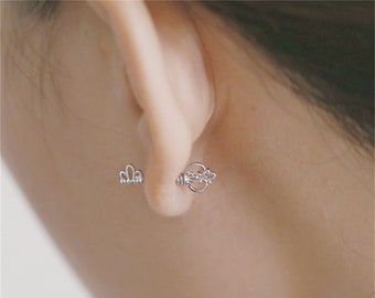 Rhodium on Sterling Silver Lace Crown Key Lock Screw Back Stud Earrings