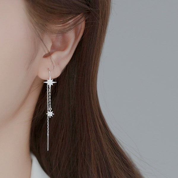 Sterling Silver Paved CZ Pole Star Chain Drop Pull Through Threader Earrings 3 Tones Rhodium 18K Gold Rose Gold