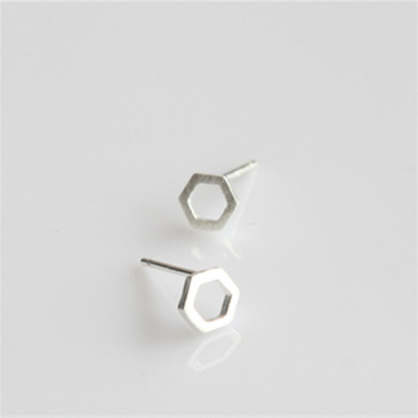 Sterling Silver MINI 5mm Hexagon Hollow Geometry Matte Brushed Stud Earrings