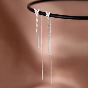 Sterling Silver Long Pull Through Threader Butterfly Bead Wavy Tassel Earrings