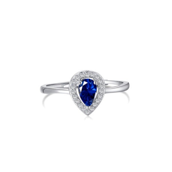 Rhodium on Sterling Silver Teardrop Cut Blue Sapphire Paved CZ Halo Sizable Ring