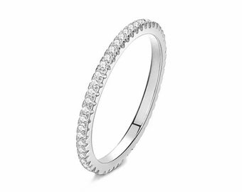 Sterling Silver Full Eternity 1.5mm Paved CZ Crystal Stacking Ring I - Q 2 Tones Rhodium Rose Gold