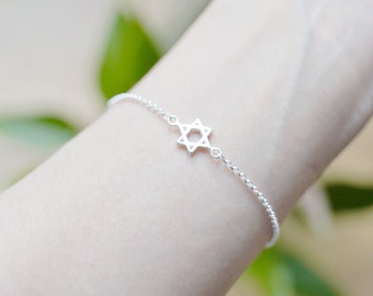 Sterling Silver Six Pointed Hex Star of David Round Belcher Chain Bracelet 16+3cm 7.5'' / 3 Tones / Silver / 18K Gold / Rose Gold