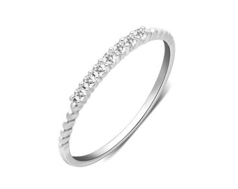 Rhodium on Sterling Silver Bubble Bead Half Eternity 7 CZ Crystal Stacking Ring 1.5mm / UK Size E 1/2 - U