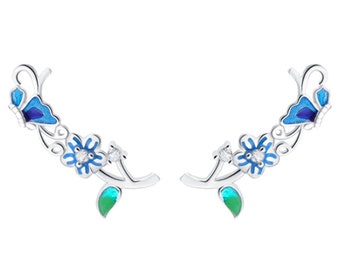 Sterling Silver CZ Blue Green Enamel Glazed Butterfly on Flower Branch Cuff Climber Crawler Earrings