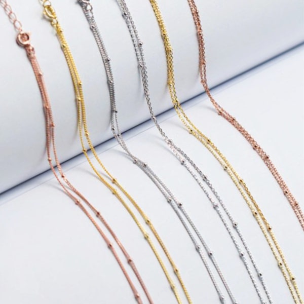 Sterling Silver 1mm Flat Beaded Saturn Chain Satellite Choker Belcher Curb Trace Chain Necklace 3 Tones / Rhodium / 18K Gold / Rose Gold