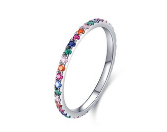 Rhodium on Sterling Silver Full Eternity Rainbow 1.5mm CZ Crystal Stacking Ring