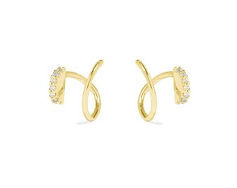 18K Gold on Sterling Silver Twirl Wire Cz Half Eternity Faux 2 Piercings Earrings