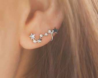 Sterling Silver CZ Celestial Stars Cuff Climber Crawler Pin Wrap Earrings