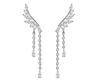 Rhodium on Sterling Silver Jacket Earrings CZ Leaf Branch Angel Wing Climber Crawler Drop