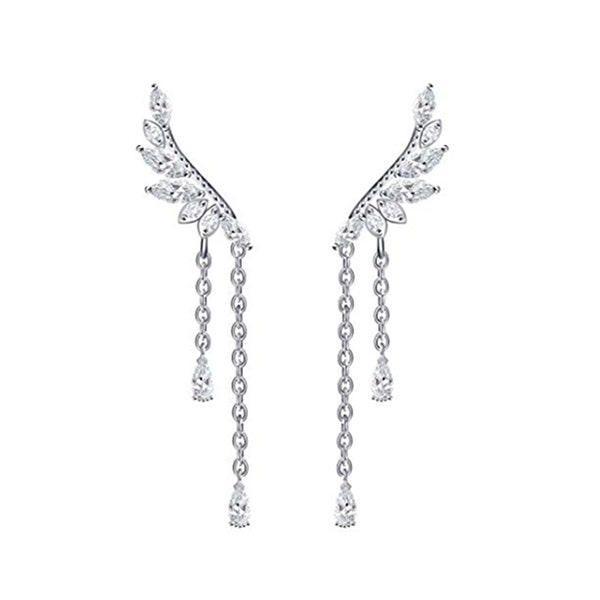 Rhodium on Sterling Silver Jacket Earrings CZ Leaf Branch Angel Wing Climber Crawler Drop