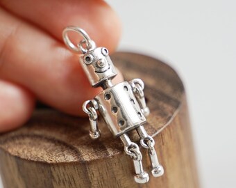 Sterling Silver Hollow Oxidized 3d Moving Cheerful Tin Man Robot Charm Pendant Necklace with Snake Chain