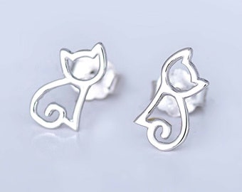 Sterling Silver Hollow Out Cat Kitten Kitty Animal Post Stud Earrings