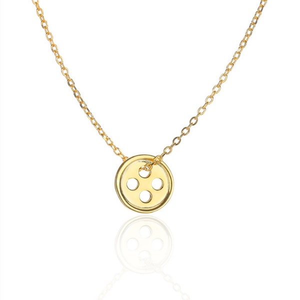 18K Gold on Sterling Silver Cute as a Button 9.5mm Sewing Button Disc Necklace