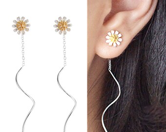Sterling Silver Sun Flower Daisy Pull Through Wave Threader Dangle Earrings