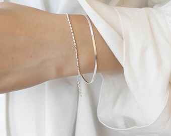 Sterling Silver Flat Snake Chain Tube Beads 2 Layers Adjustable Bracelet 15.5 - 19cm 7.5''