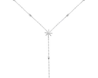 Rhodium on Sterling Silver Long Cz Sunlight Star Sunburst Drop Y Shape Lariat Necklace Presentation Gift Boxed