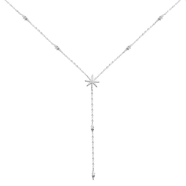 Rhodium on Sterling Silver Long Cz Sunlight Star Sunburst Drop Y Shape Lariat Necklace Presentation Gift Boxed