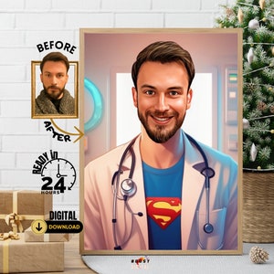 Gepersonaliseerde Super Doctor cartoonportret, aangepaste arts karikatuur, dokter cadeau, grappig portret dokter cartoon, tekening dokter karikatuur