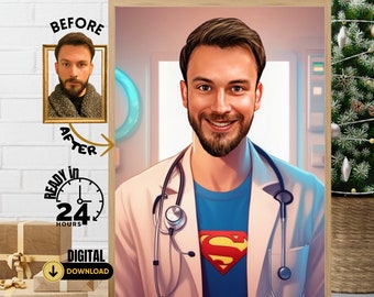 Retrato de médico personalizado: Caricatura personalizada (descarga digital)