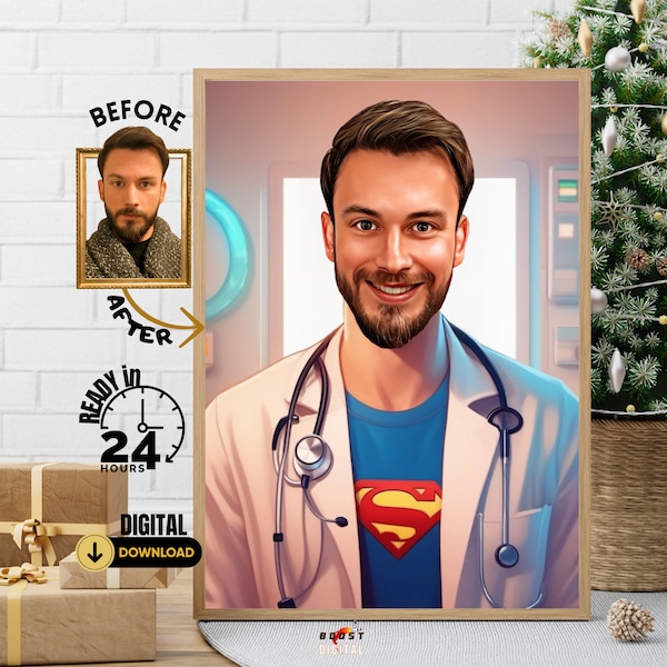 Personalized Super Doctor Cartoon Portrait, Custom Doctor Caricature, Doctor Gift, Funny Doctor Cartoon Portrait, Doctor Caricature Drawing