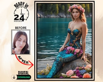 Custom Mermaid Portrait from Photo | Nursery Wall Art | Mermaid Gift For Her | Personalized Baby Girl Gift | Digital Prints |