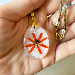 Dried Orange Flower Resin Necklace | Gift for her | Florals Pendant | Shiny white glitter resin pendant