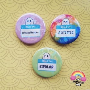 Conjunto de insignias con nombre y botón para enfermedad mental, neurodivergente, defensor de la enfermedad, lindo, holográfico, brillante, bipolar, TDAH, esquizoafectivo, personalizado