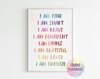 Watercolor Rainbow Affirmations for Kids, I am Kind Smart Loved, Inspirational Nursery Décor, Printable Wall Art, Digital Download