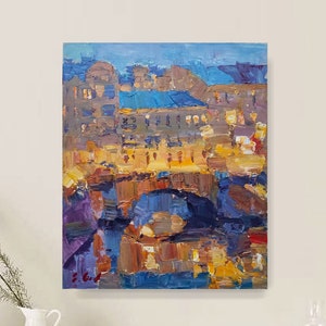 Stadt Abend Original Acryl Gemälde auf Leinwand Spachtel Kunst Impressionismus Impasto Strukturierte Acryl Stadt Gemälde