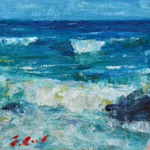 White cliffs. Textured Impasto Knife Oil Painting Art Object Painting on panel Green Blue color Heavy Deep Textures for Modern home.