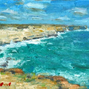 White cliffs. Textured Impasto Knife Oil Painting Art Object Painting on panel Green Blue color Heavy Deep Textures for Modern home.