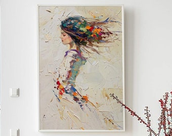 Woman Painting Original Art Portrait Woman Art Colorful Female Figure Painting Girl Painting Texture Wall Art